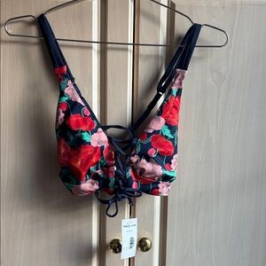 Yandy  Lace-Up Bikini Top - Navy with Red & Pink Floral NWT SMALL